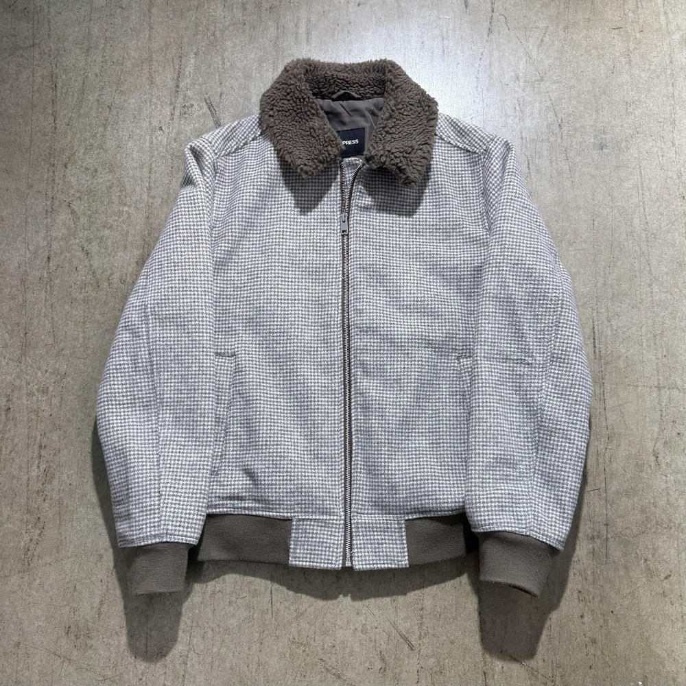 Express Jacket Mens Medium Gray Wool Bomber Sherpa Collar Full Zip Lined Winter
